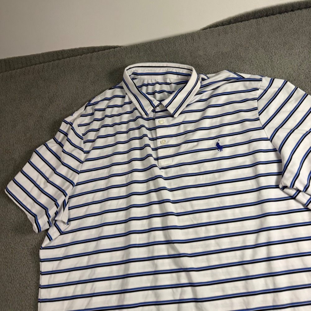 Polo Ralph Lauren Mens Large White Blue Striped Performance Short Sleeve Polo